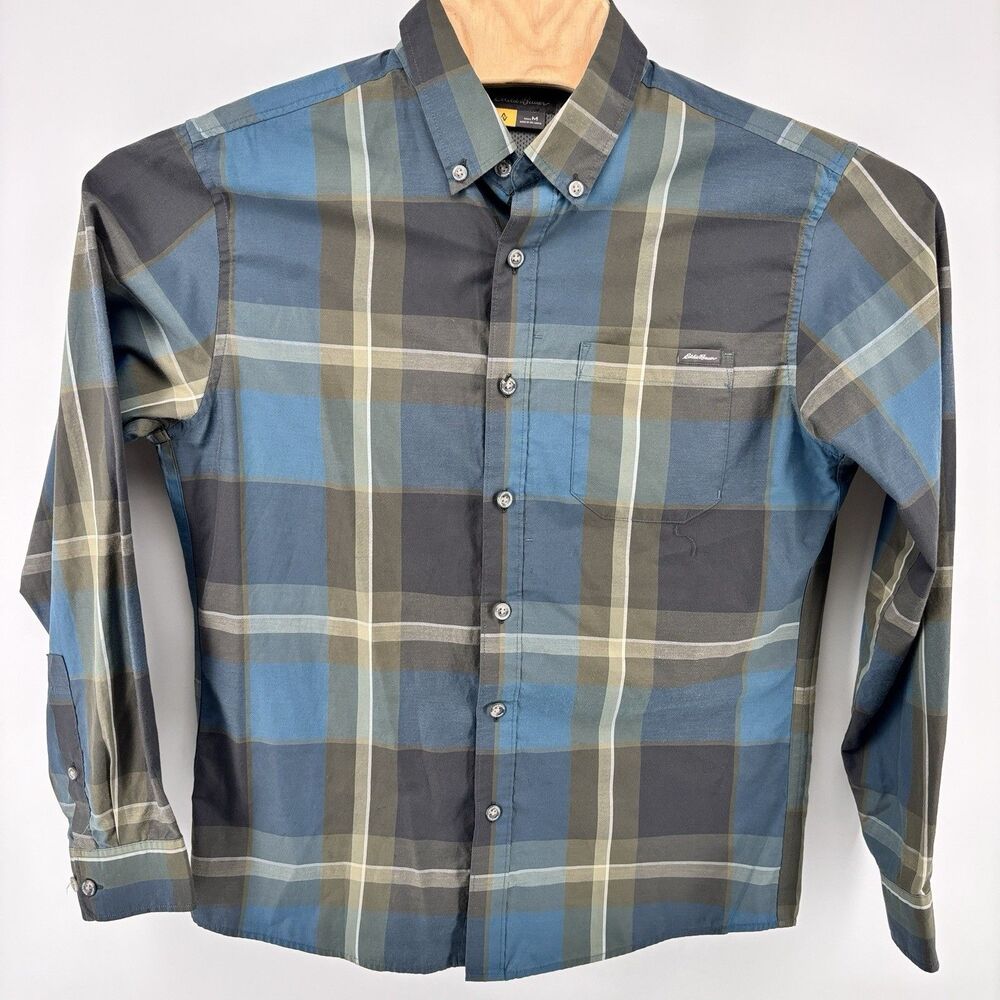 Eddie Bauer Men's M Blue Gray Plaid Long Sleeve Button Down Shirt